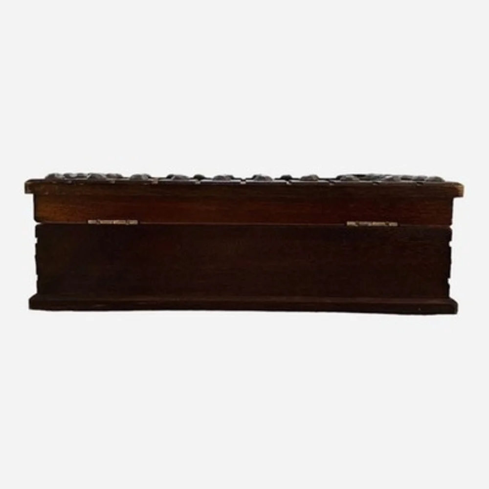 Vintage Wood Brass Leather Jewelry Box 10” Mini Chest Storage Case Velvet Lined